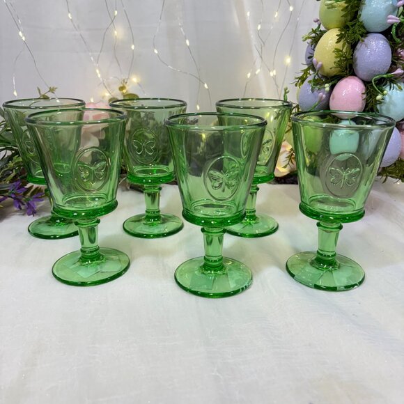 La Rochere France Papillon Butterfly Green Goblets Wine Glasses Stunning Set 6